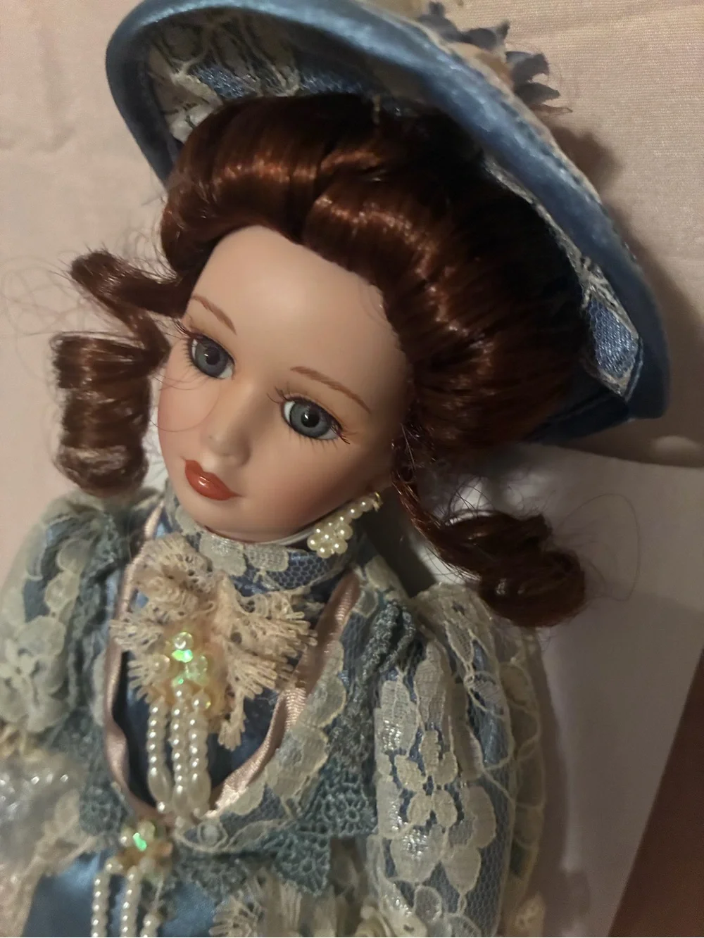 Blue Lace Satin Formal Dress with Pearl Trim Classic collection porcelain doll.